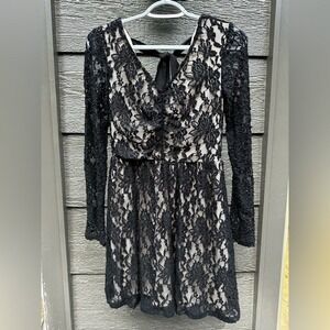 Alltid State Black Lace V Neck Long Sleeve Tie Back Mini Dress Womens S